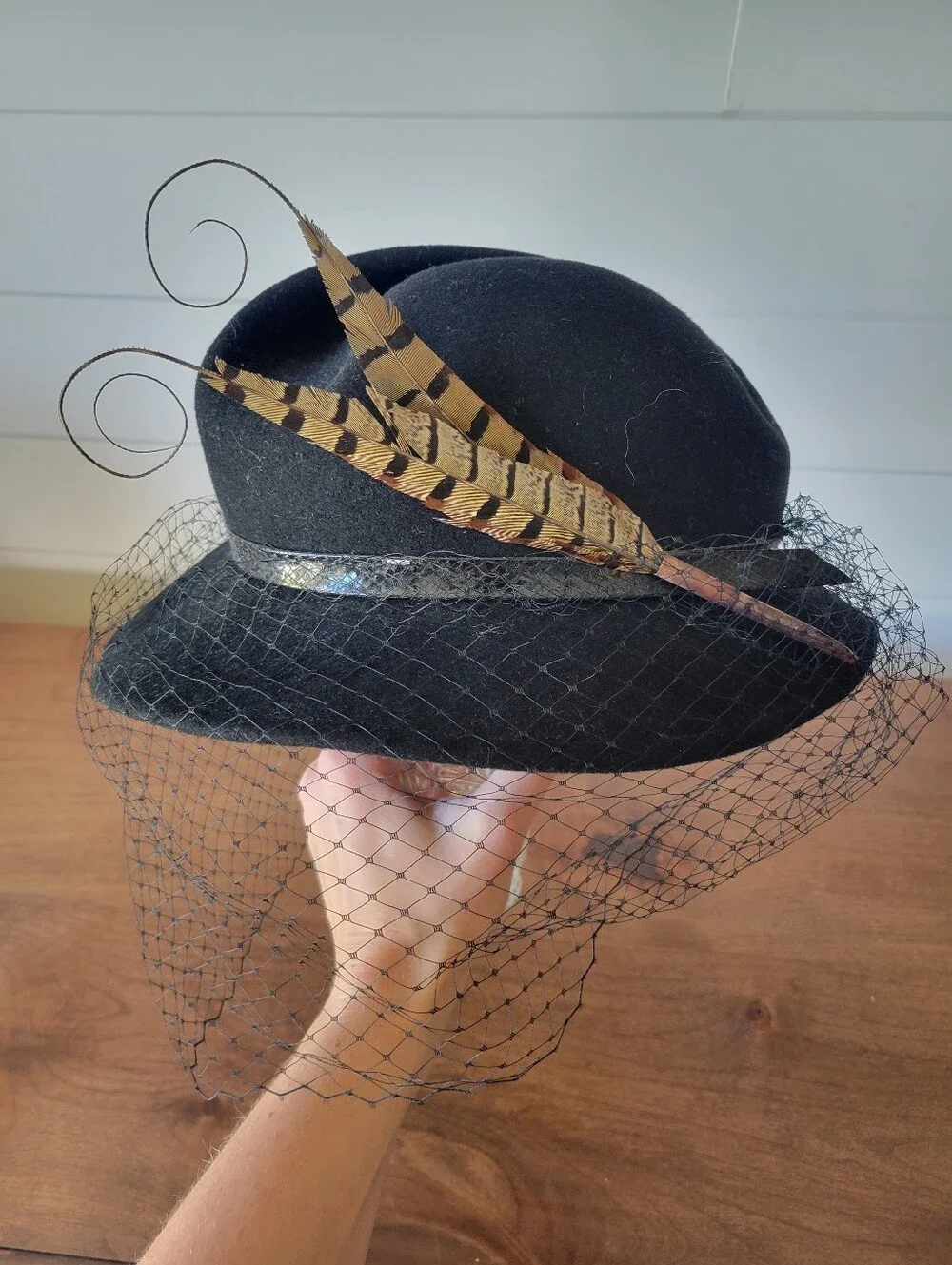 Vtg Adolfo II New York Paris Black Wool Felt Cocktail Hat Birdcage Veil Feather